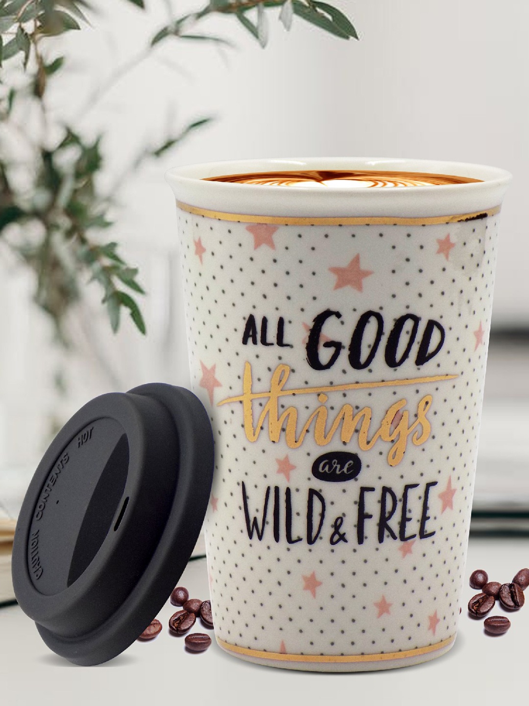 MARKET99 Beige & Black Printed Ceramic Glossy Mugs Set of Cups and Mugs