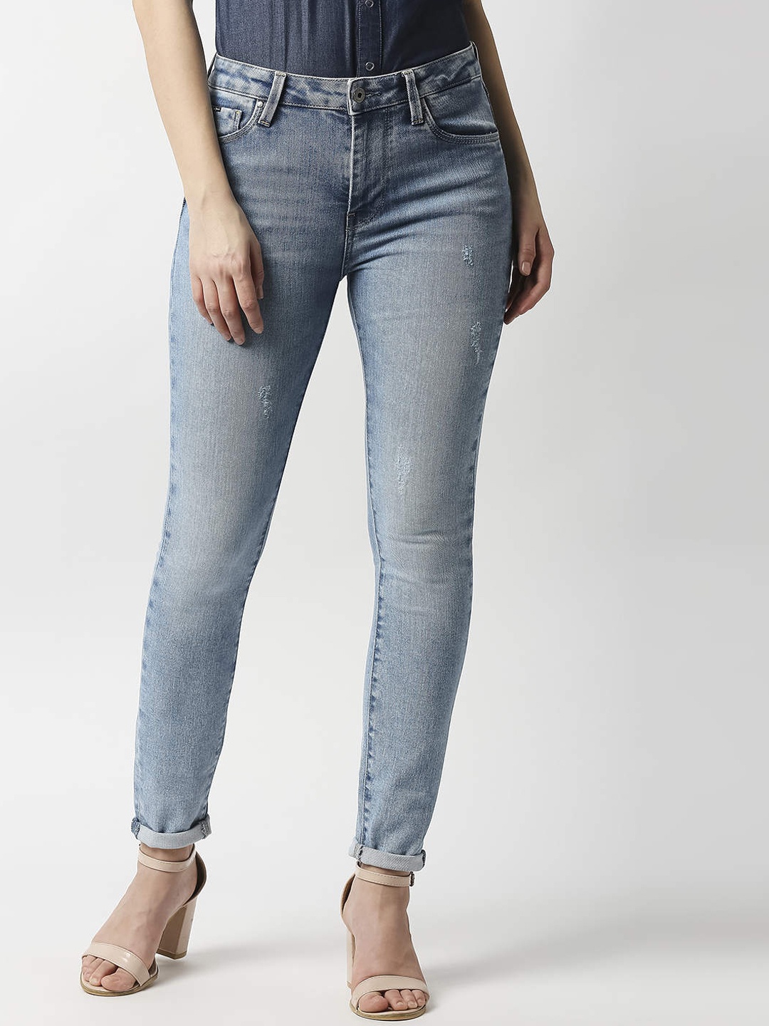 

Pepe Jeans Women Blue Super Skinny Fit High-Rise Low Distress Heavy Fade Jeans