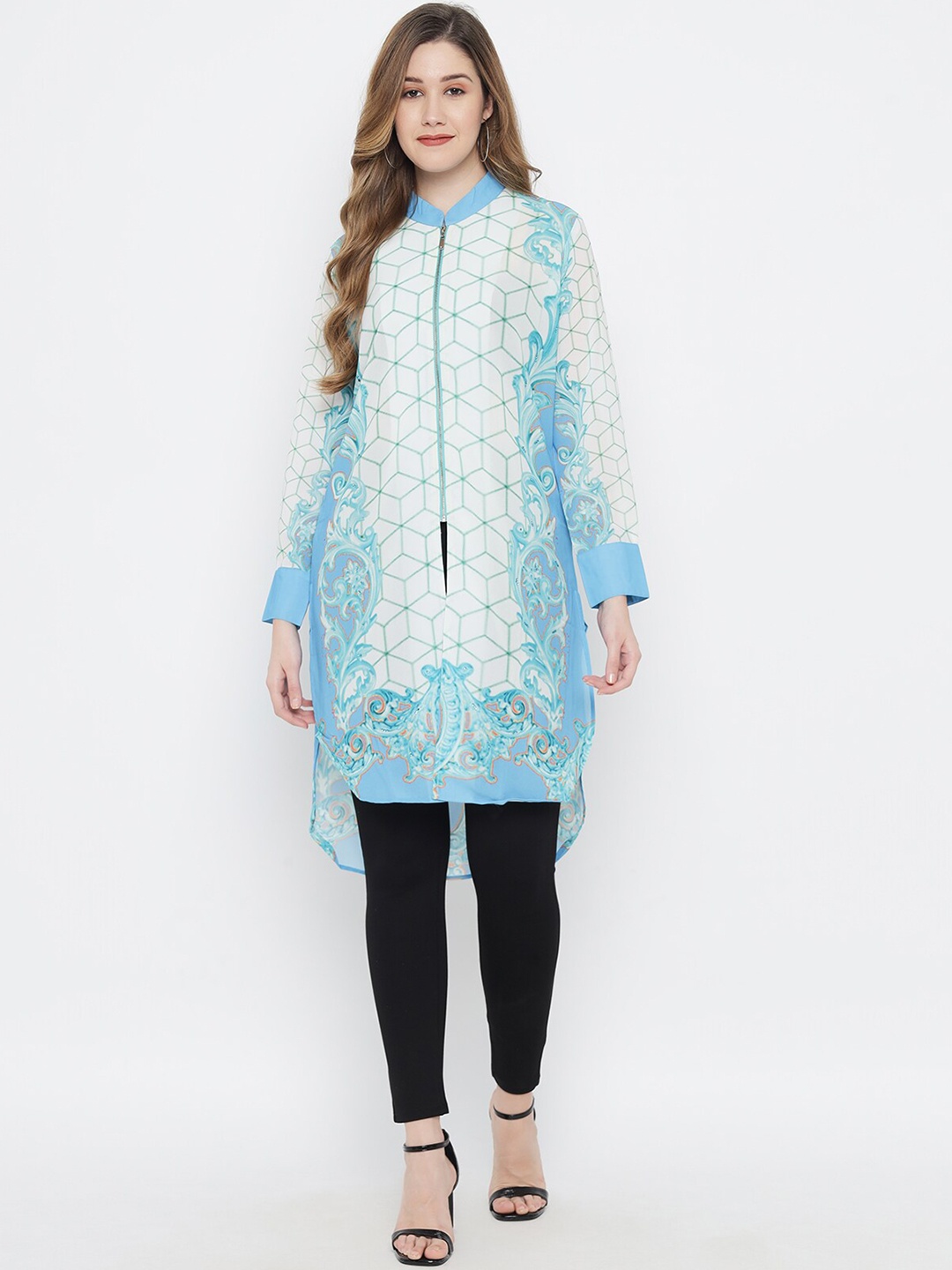 

MAXENCE Blue Floral Printed Shirt Collar Panelled Kurti