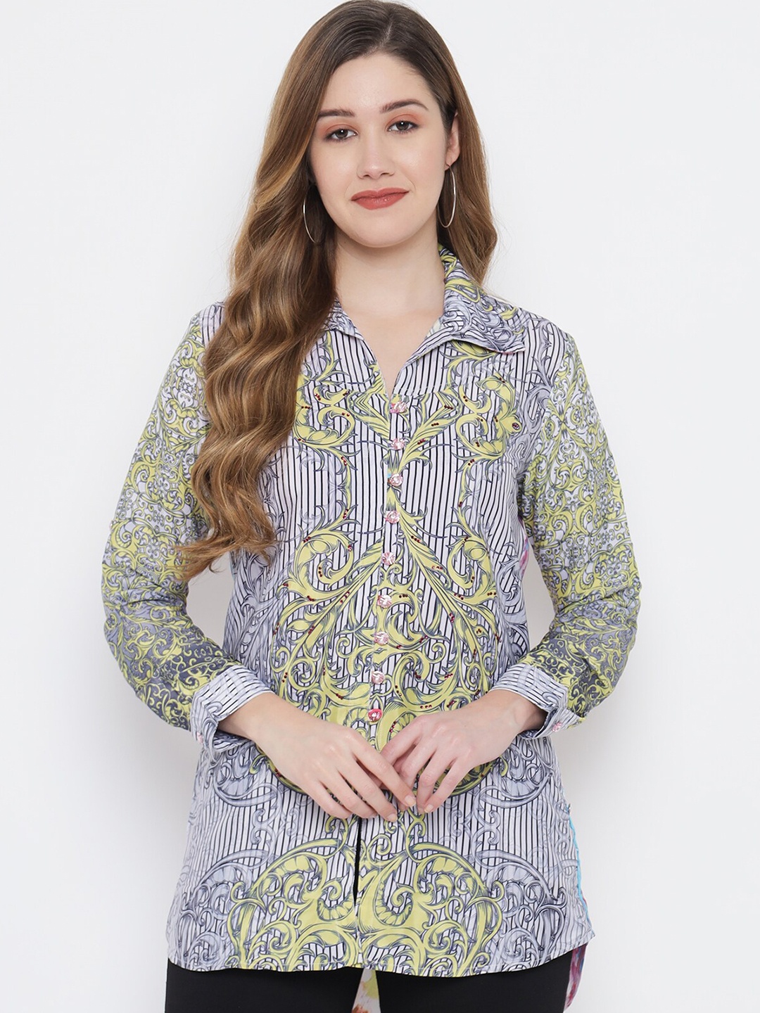 

MAXENCE Grey & Yellow Ethnic Motifs Printed Shirt Collar Asymetric Hem Kurti