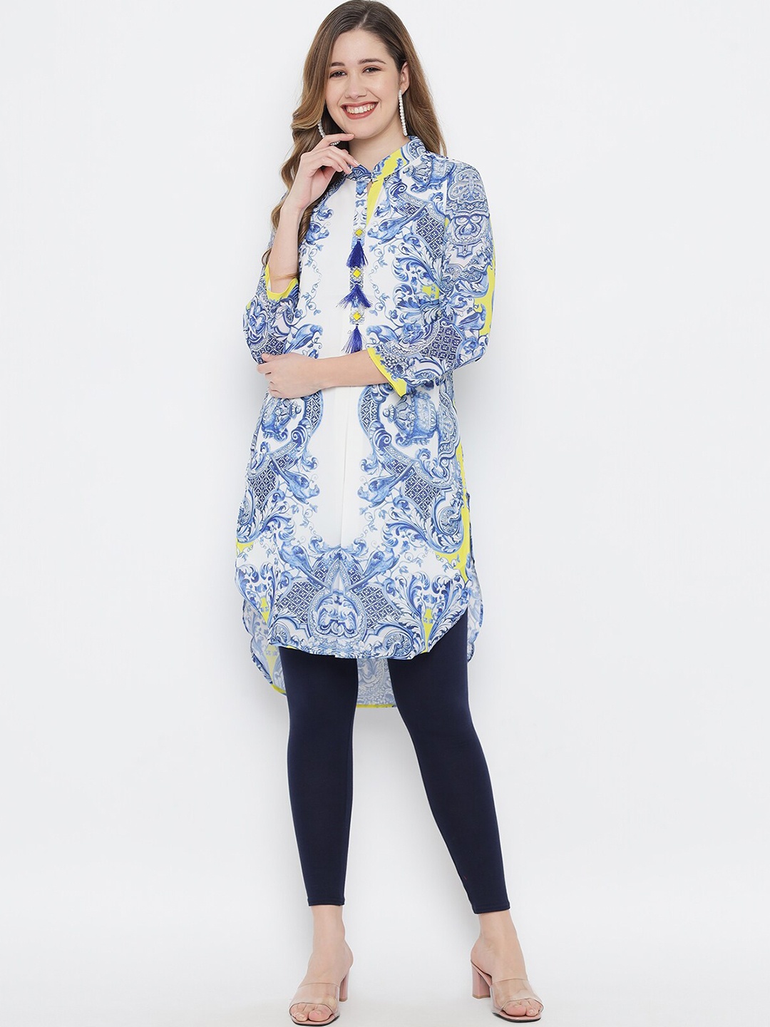 

MAXENCE Blue Printed Shirt Collar Kurti