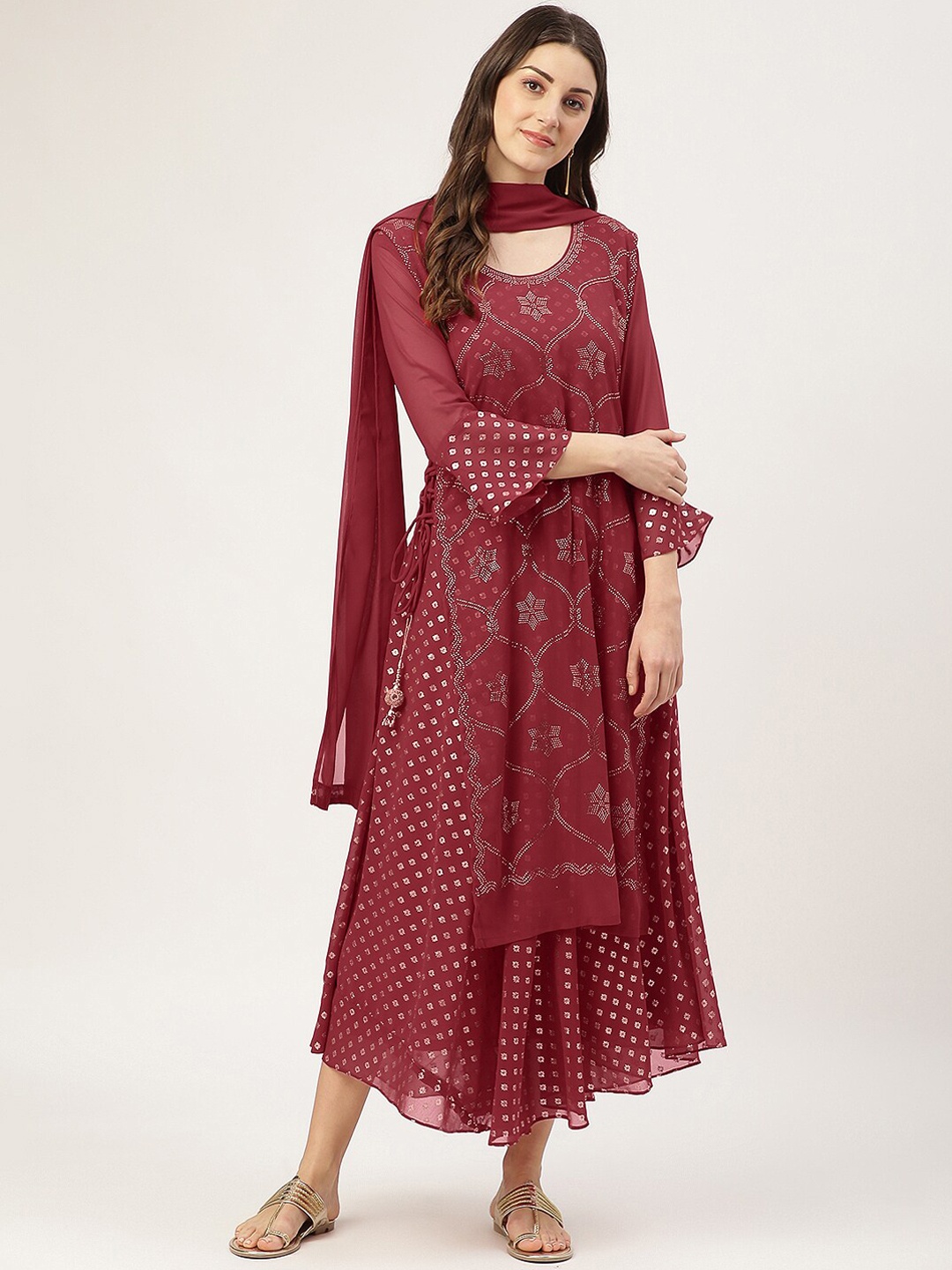 

TRENDY DIVVA Women Maroon Ethnic Motifs Printed Flared Sleeves Georgette Anarkali Kurta