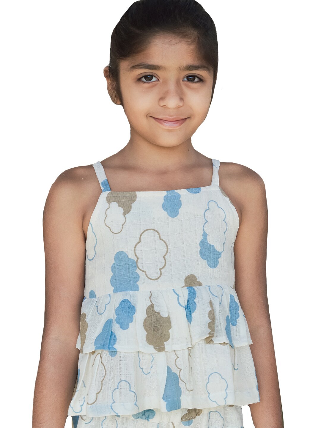 

Little Musketeer Girls Off White & Blue Printed Top with Trousers