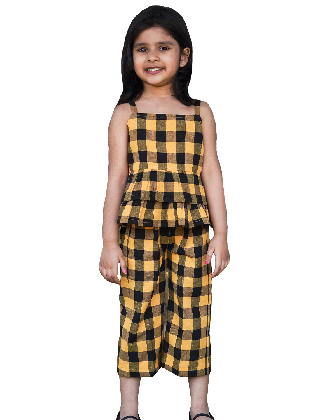 

Little Musketeer Girls Yellow & Black Checked Pure Cotton Top with Pyjamas