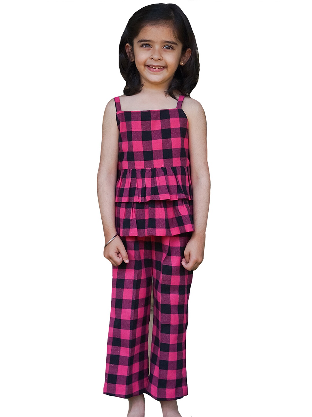 

Little Musketeer Girls Pink & Black Checked Pure Cotton Top with Trousers