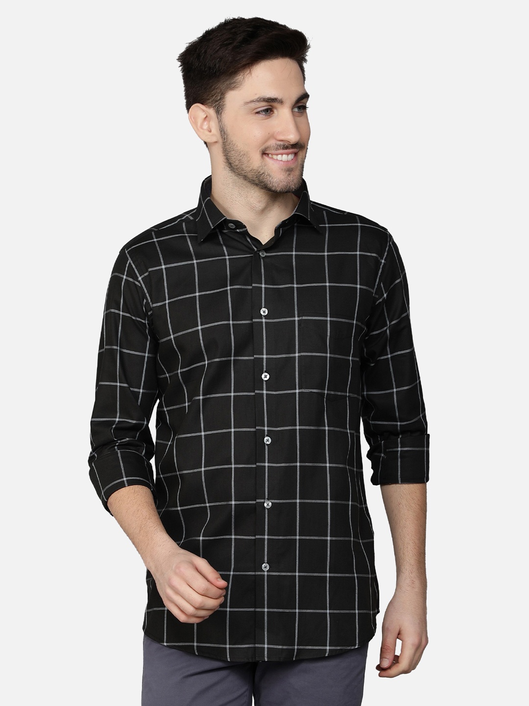 

Callino London Men Black Standard Windowpane Checked Cotton Casual Shirt