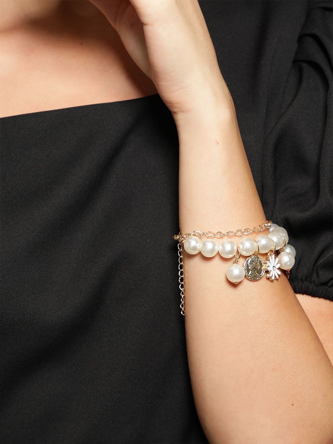 

AQUASTREET Women White & Gold-Toned Pearls Wraparound Bracelet