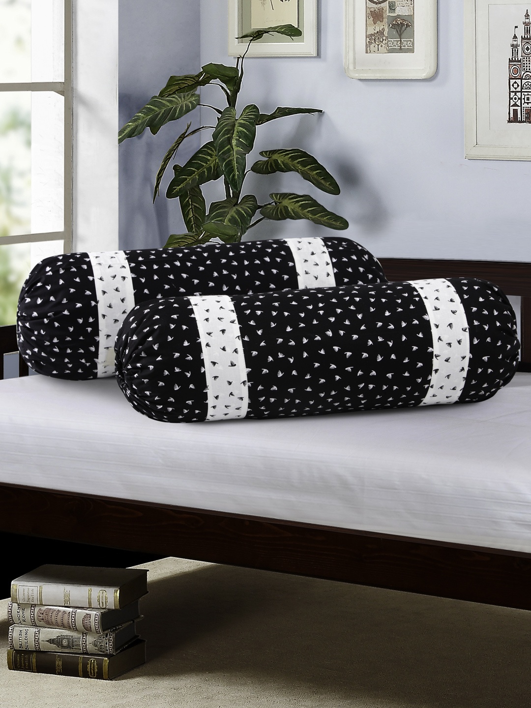 

SWAYAM Black Set of 2 Printed 30" x 15" Cylindrical Bolster Covers