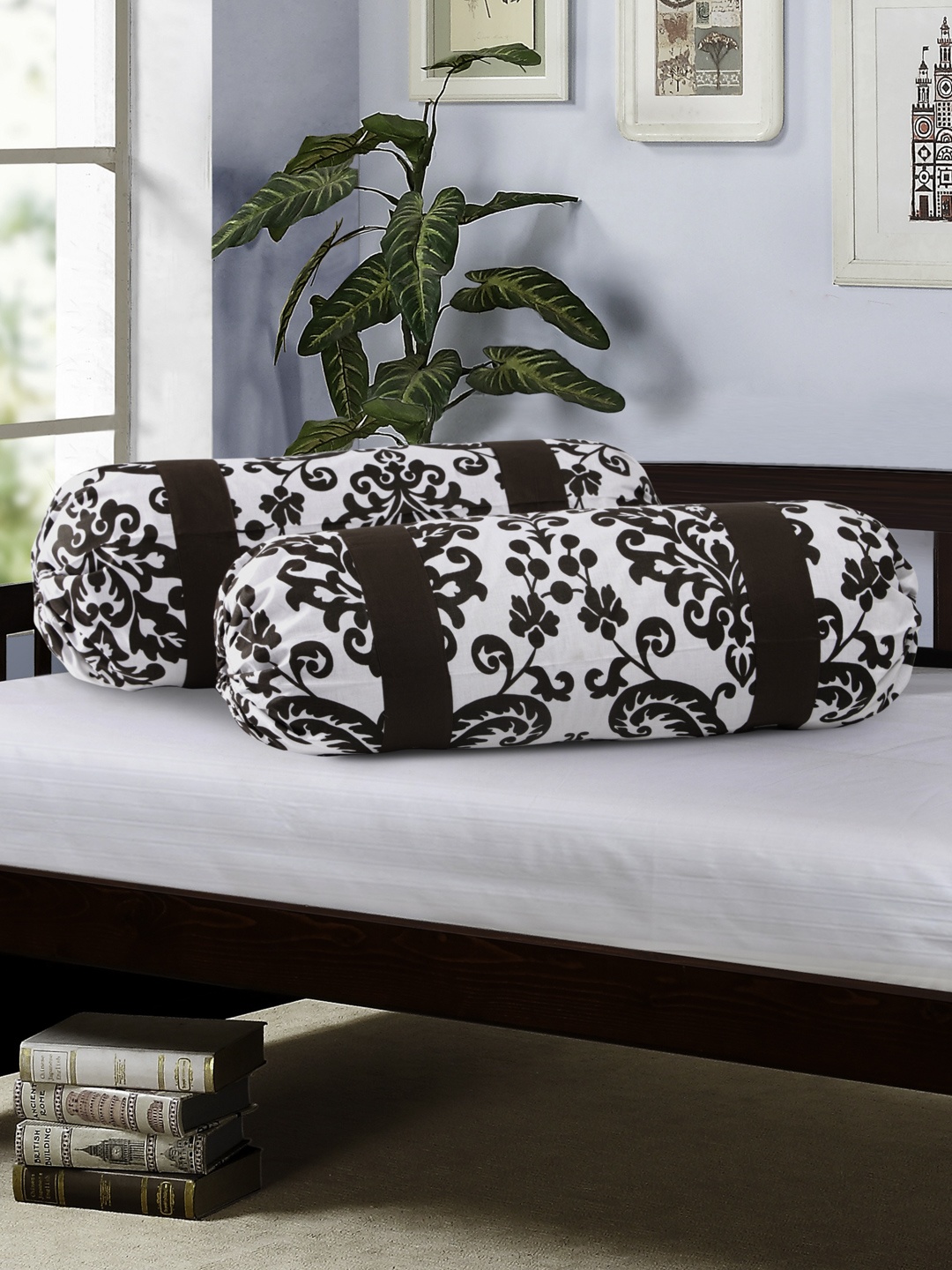 

SWAYAM Brown & White Set of 2 Printed 30" x 15" Cylindrical Bolster Covers