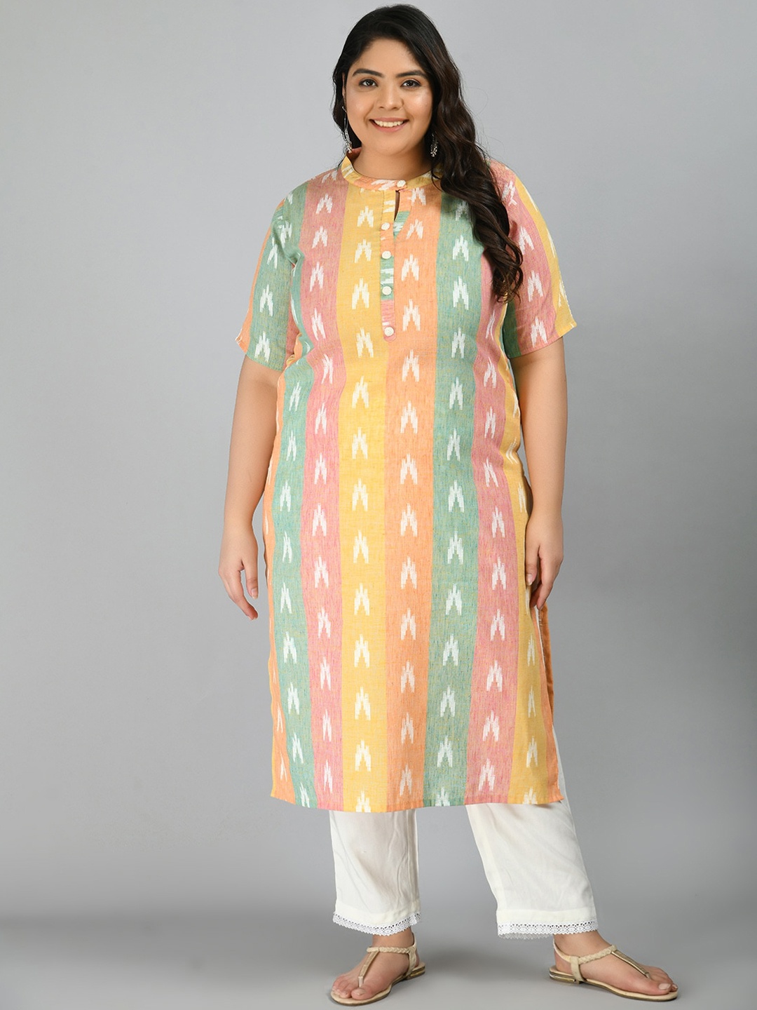 

PrettyPlus by Desinoor.com Women Multicoloured Striped Pure Cotton Kurta with Trousers, Multi