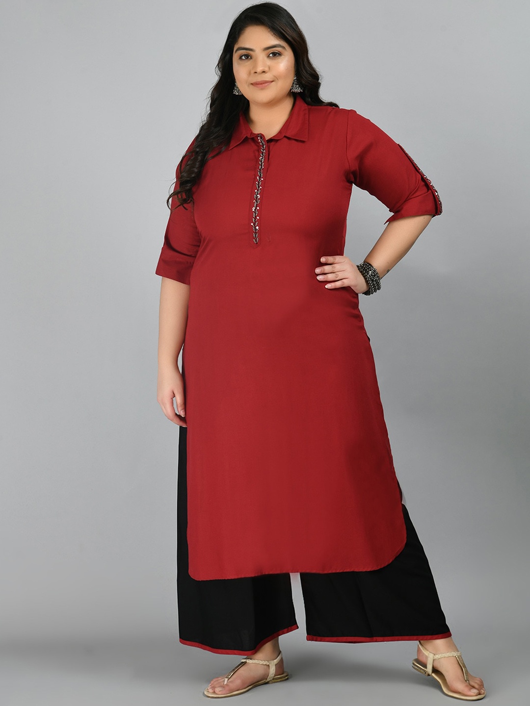

PrettyPlus by Desinoor com Women Maroon Layered Kurti with Palazzos