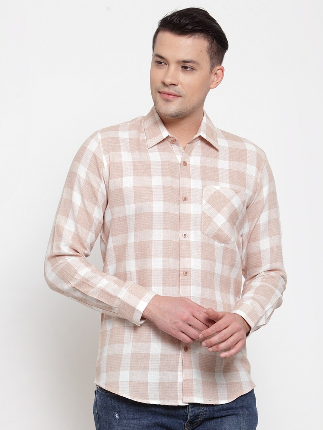 

Purple State Men Peach-Coloured Slim Fit Checked Casual Shirt