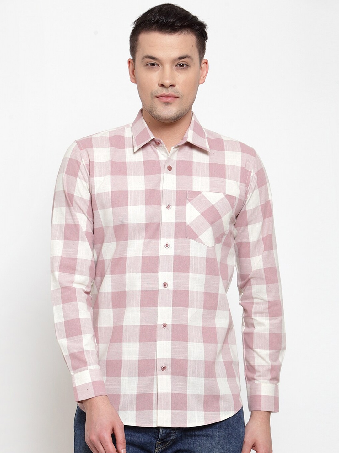 

Purple State Men Pink & White Slim Fit Gingham Checked Cotton Casual Shirt