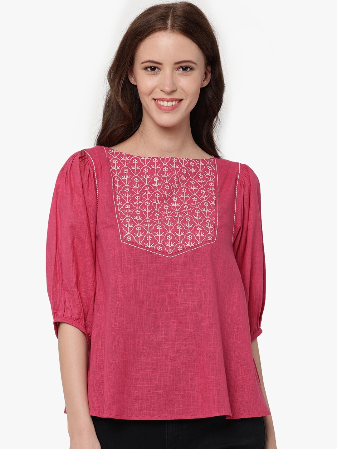 

UNTUNG Women Pink Yoke Design Embroidered Pure Cotton Top