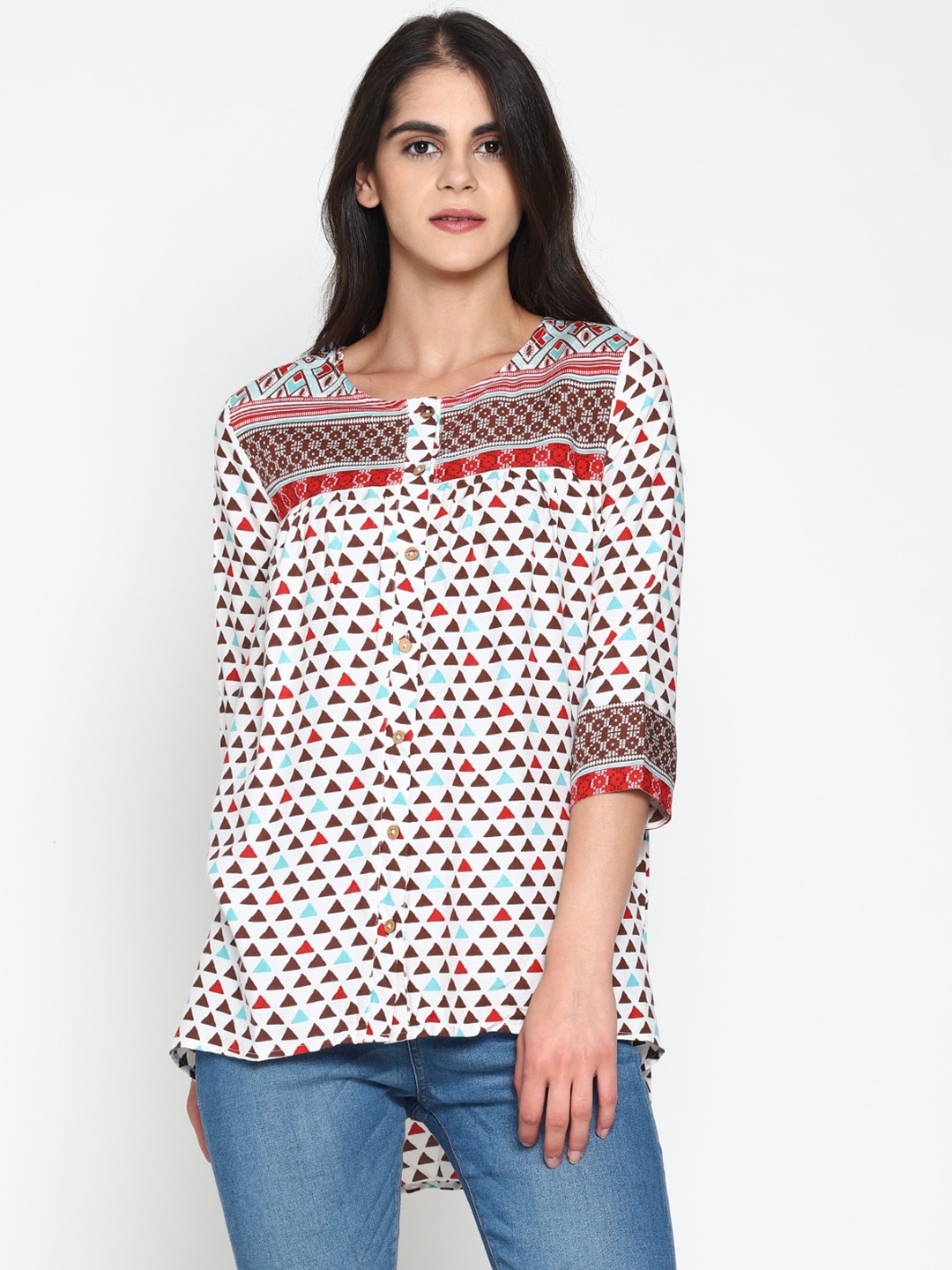 

UNTUNG White & Red Geometric Print High-Low Front Open Top