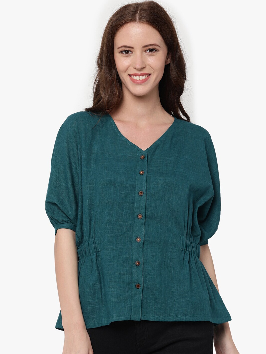 

UNTUNG Women Green Drop Shoulder Pure Cotton Top