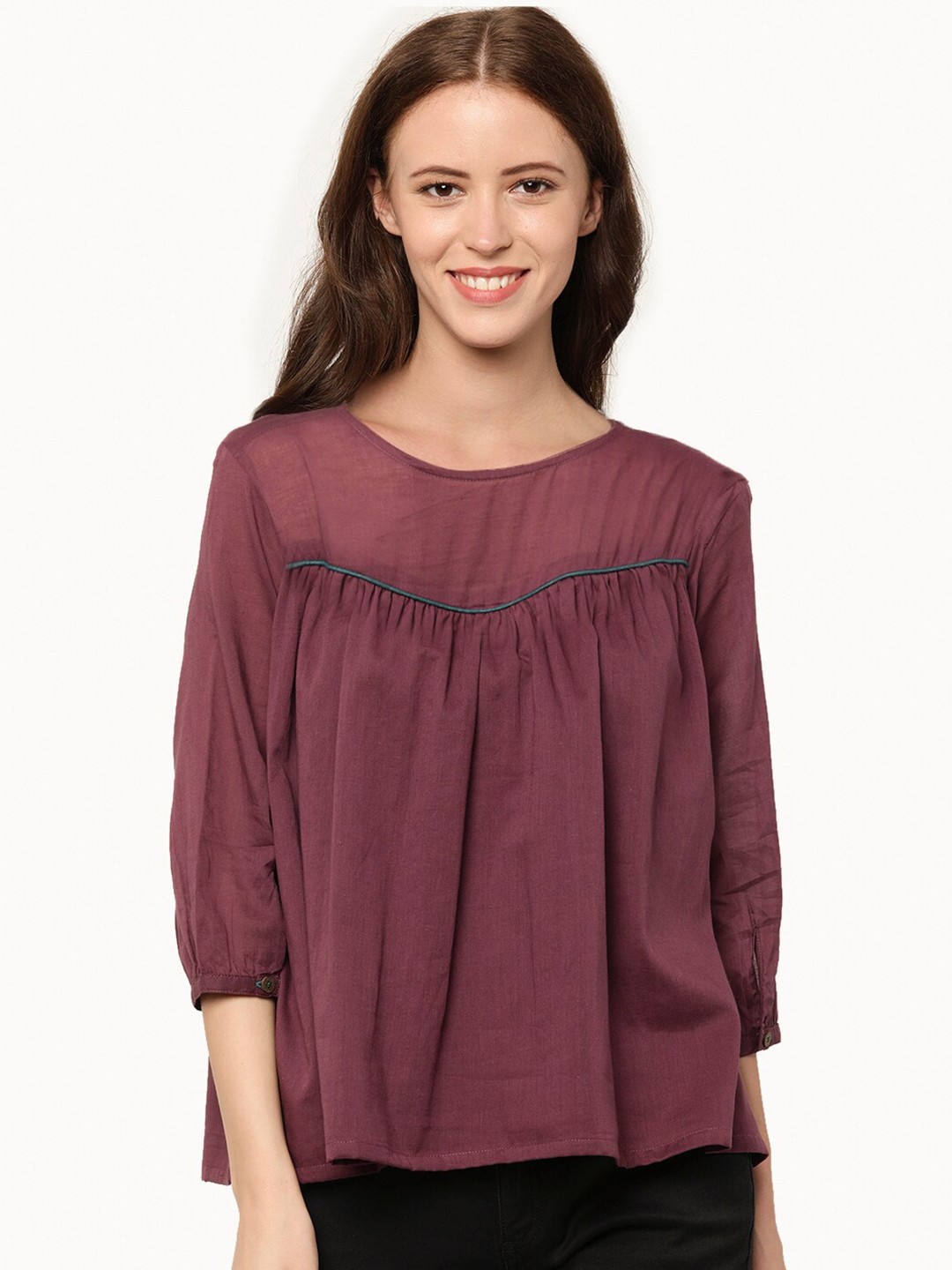 

UNTUNG Maroon Solid Pure Cotton Top