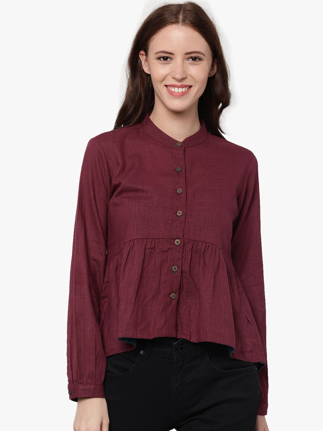 

UNTUNG Maroon Mandarin Collar Pure Cotton Shirt Style Top