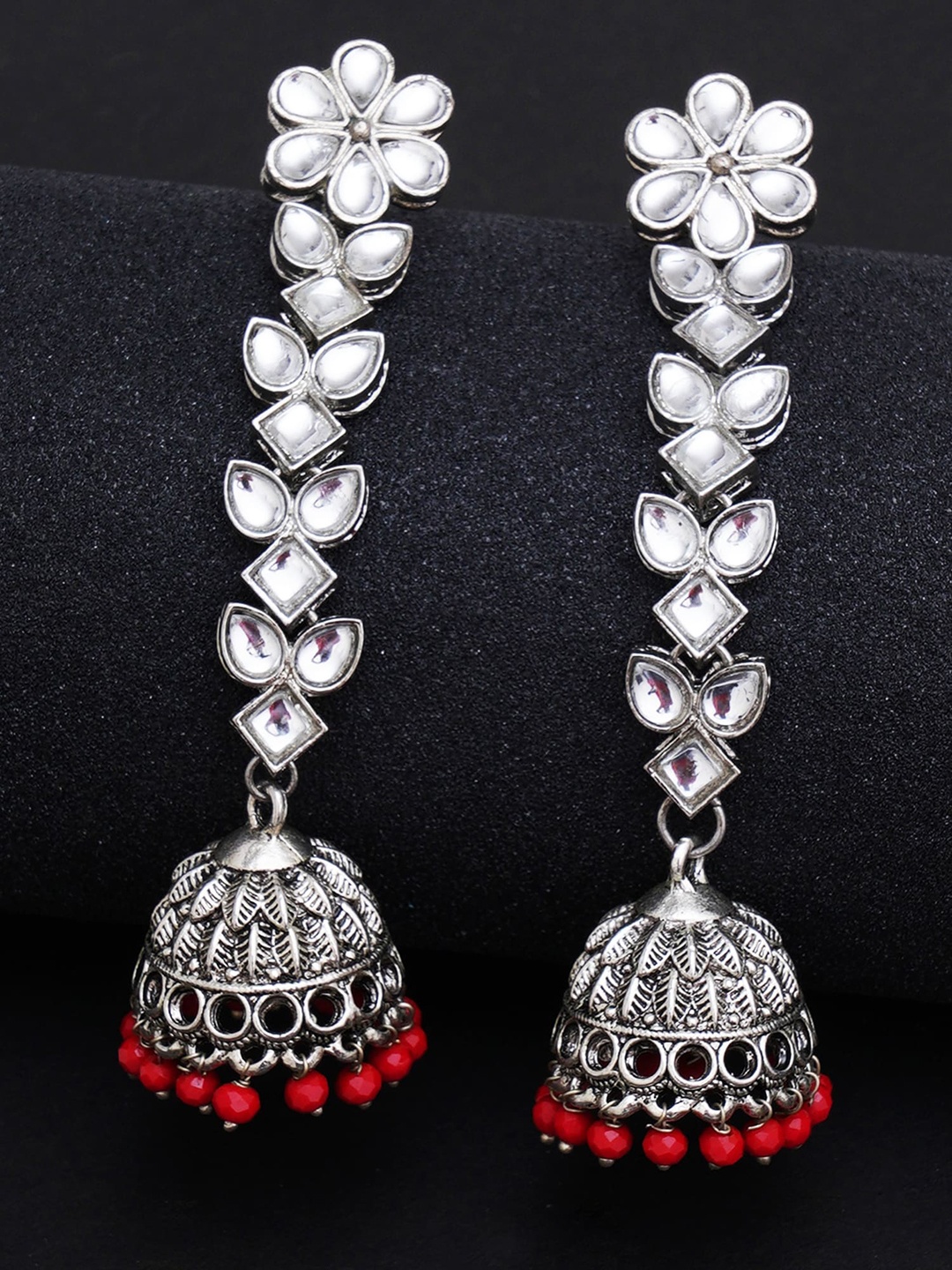 

KARATCART Red & Silver-Toned Floral Jhumkas Earrings