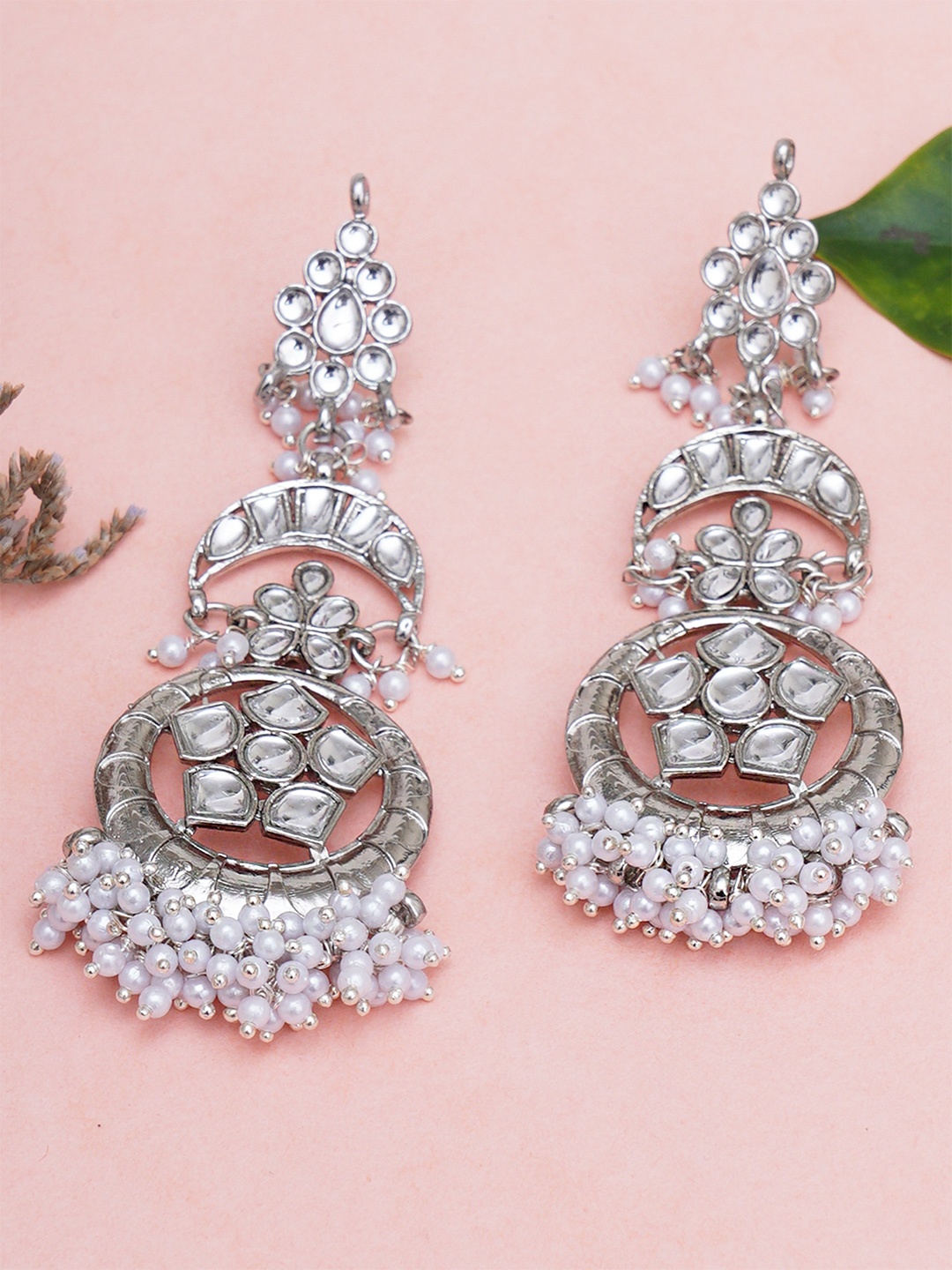 

KARATCART Silver-Toned Oxidised White Kundan Studded Chandbalis Earrings
