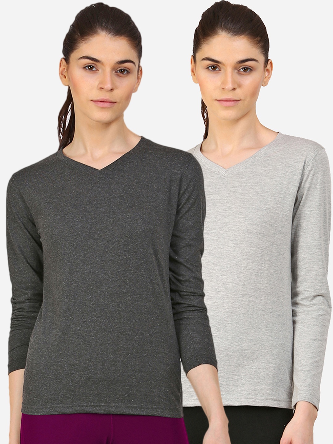 

appulse Women Pack Of 2 Slim Fit Cotton T-shirts, Grey melange