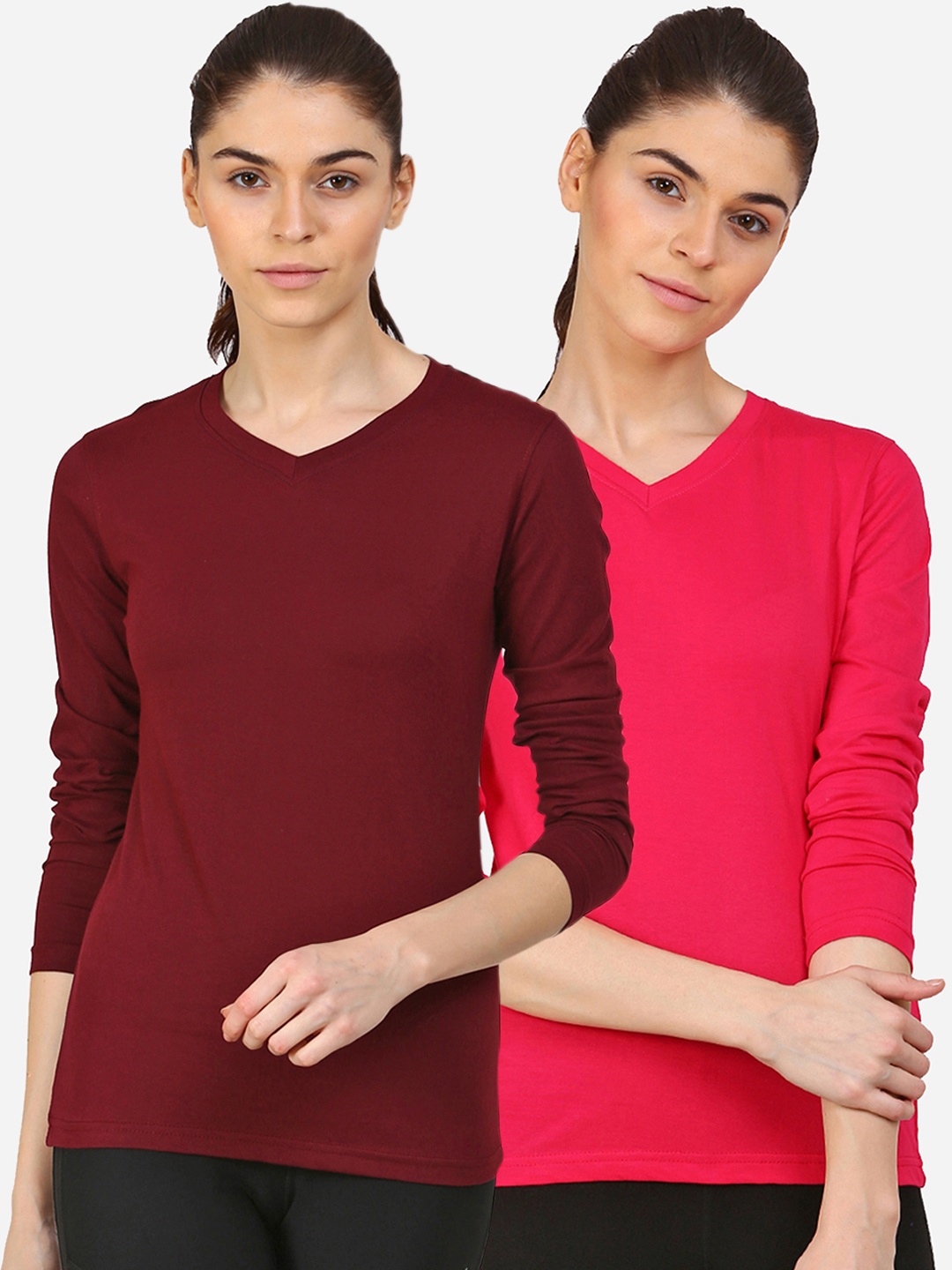 

appulse Women Pack Of 2 Slim Fit Cotton T-shirts, Maroon