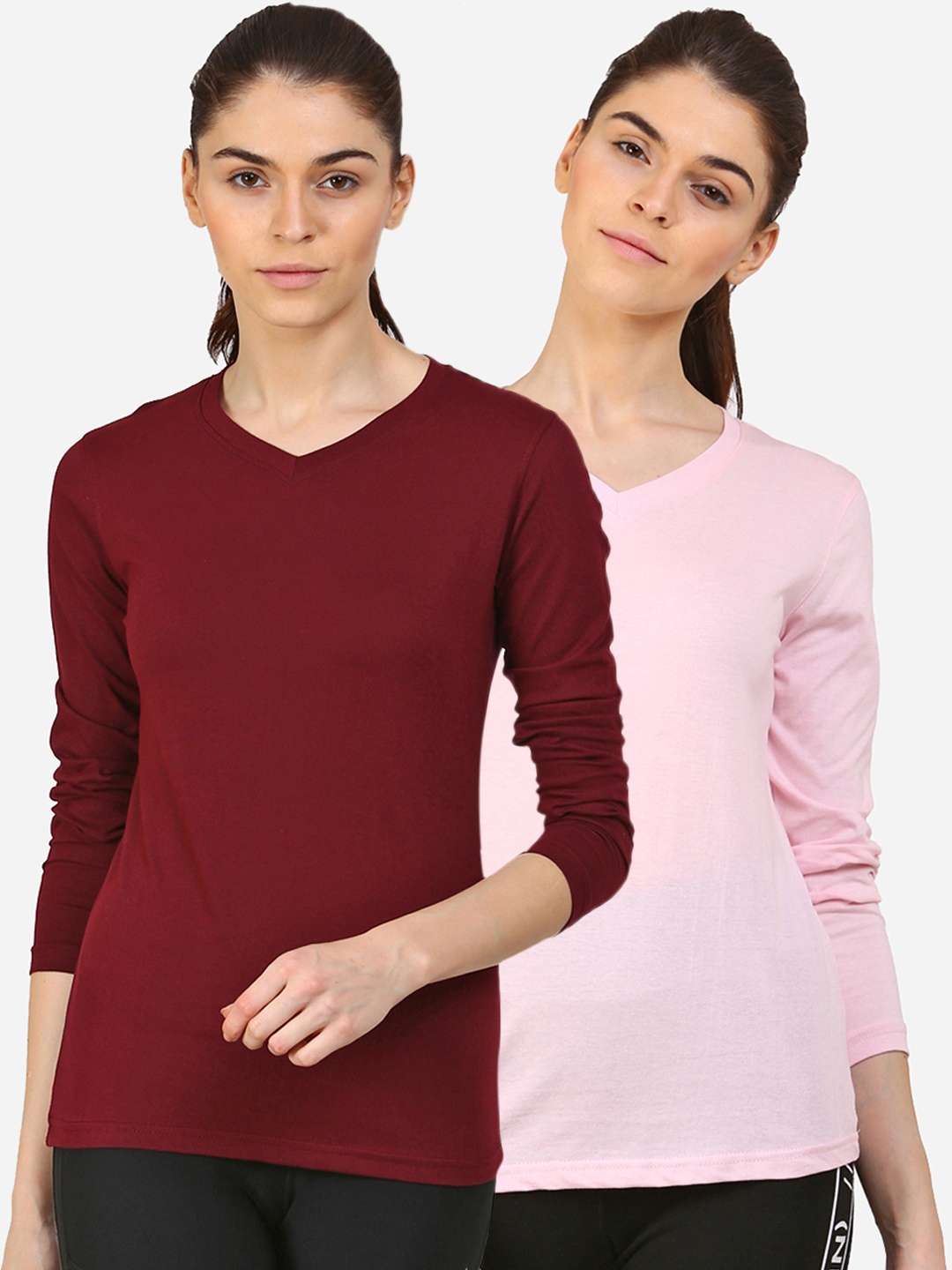 

appulse Women Pack Of 2 Maroon & Pink V-Neck Slim Fit Running T-shirt