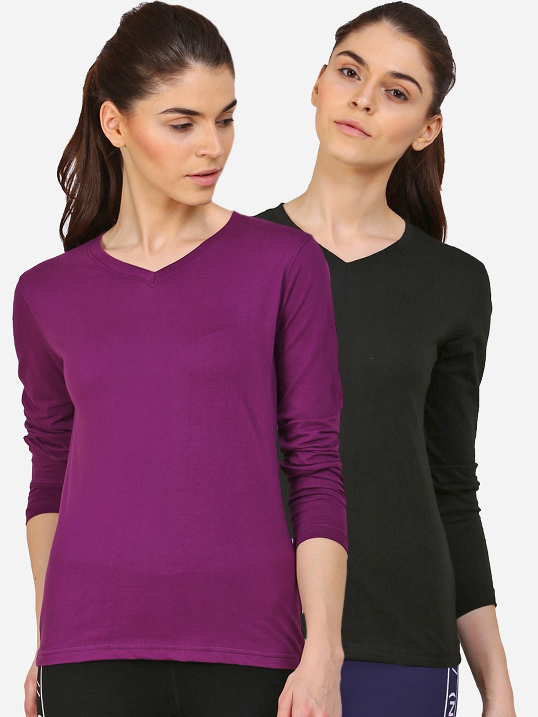 

appulse Women Pack of 2 V-Neck Slim Fit Cotton Running T-shirts, Black
