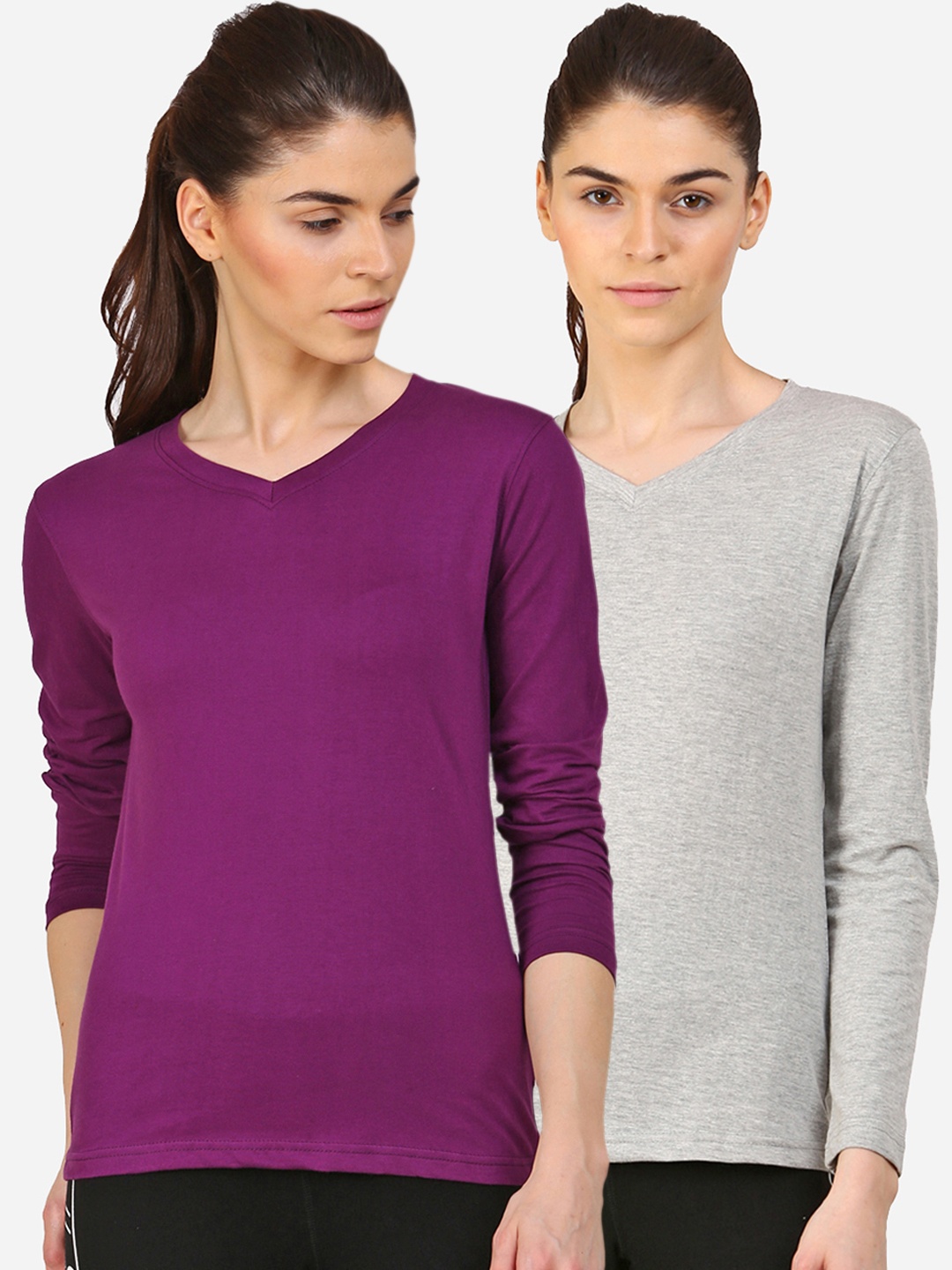 

appulse Women Grey Melange & Purple Pack of 2 Slim Fit Cotton Running T-shirt