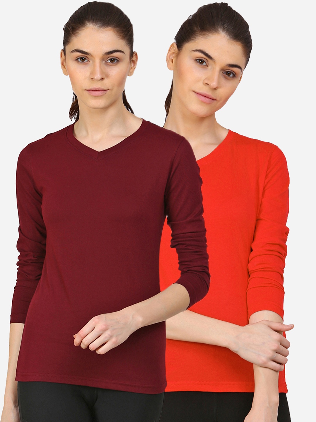 

appulse Women Red & Maroon 2 V-Neck Slim Fit Running T-shirt Pack Of 2