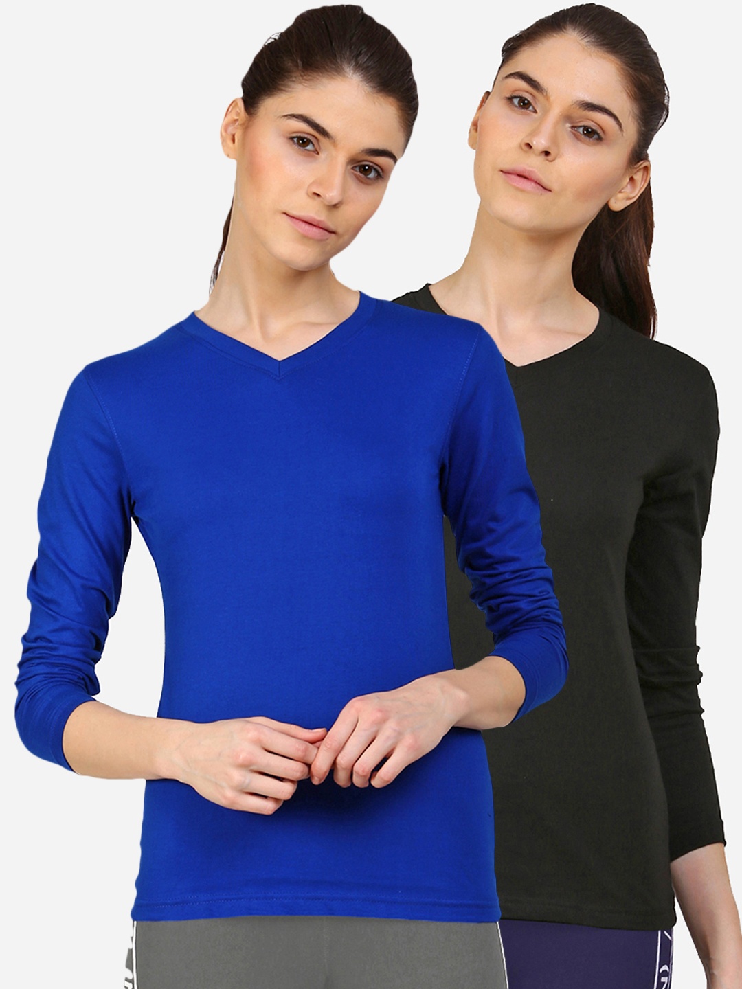 

appulse Women Pack of 2 Black & Blue V-Neck Slim Fit Running Cotton T-shirts