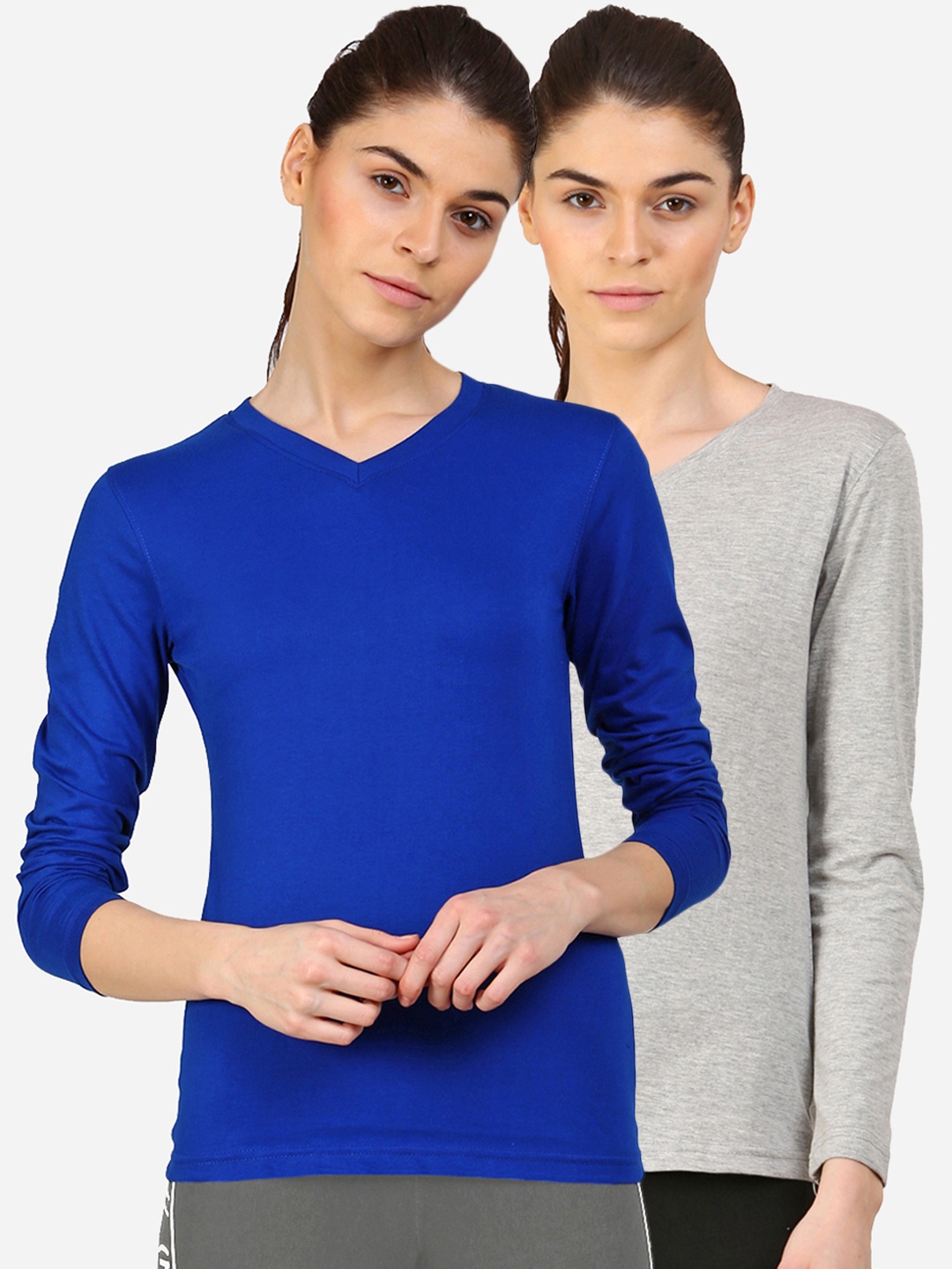 

appulse Women Grey & Blue Pack Of 2 V-Neck Slim Fit Cotton T-shirt