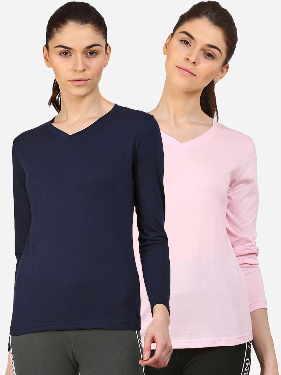 

appulse Women Pack Of 2 Pink & Navy Blue V-Neck Slim Fit Running T-shirt
