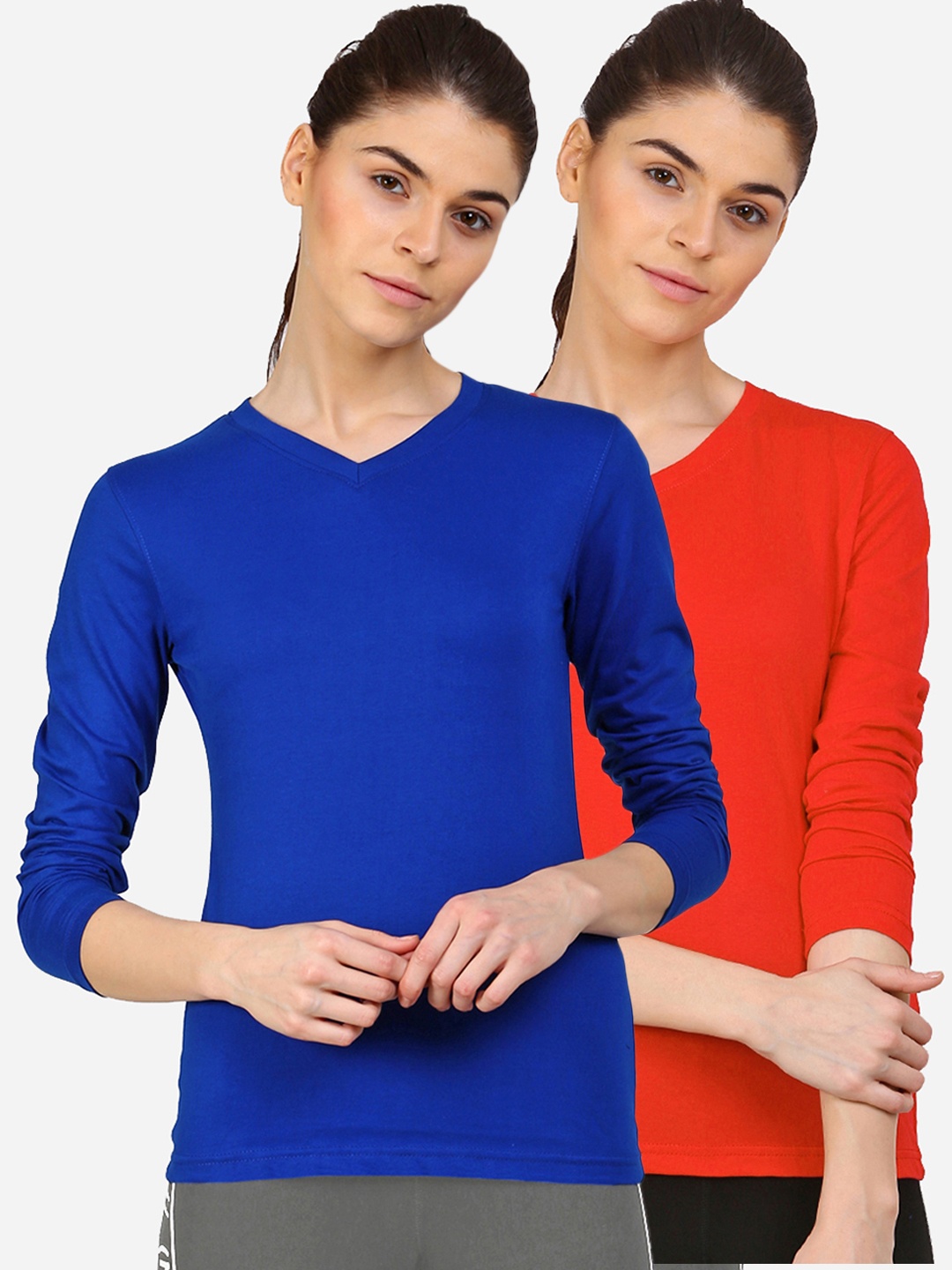 

appulse Women Red & Blue V-Neck Slim Fit Running T-shirt Pack Of 2