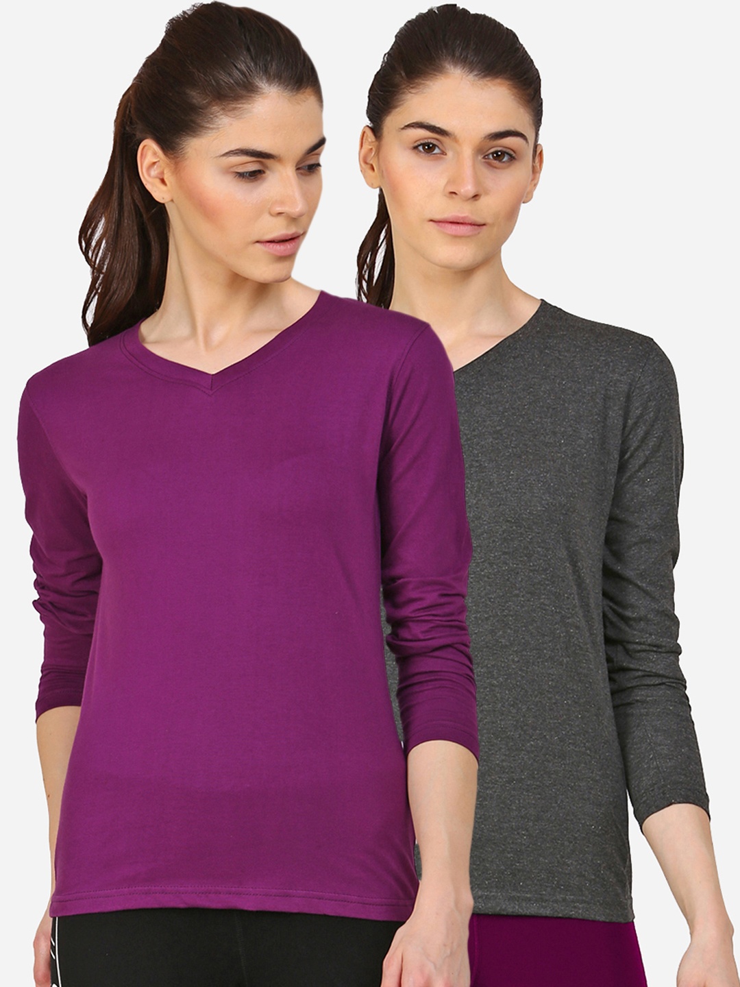 

appulse Women Grey & Purple Pack Of 2 V-Neck Slim Fit Running T-shirt