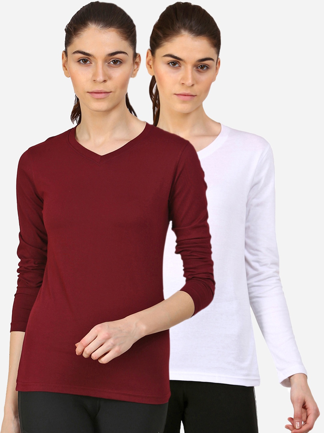 

appulse Women Pack of 2 White & Maroon V-Neck Slim Fit Running Cotton T-shirts