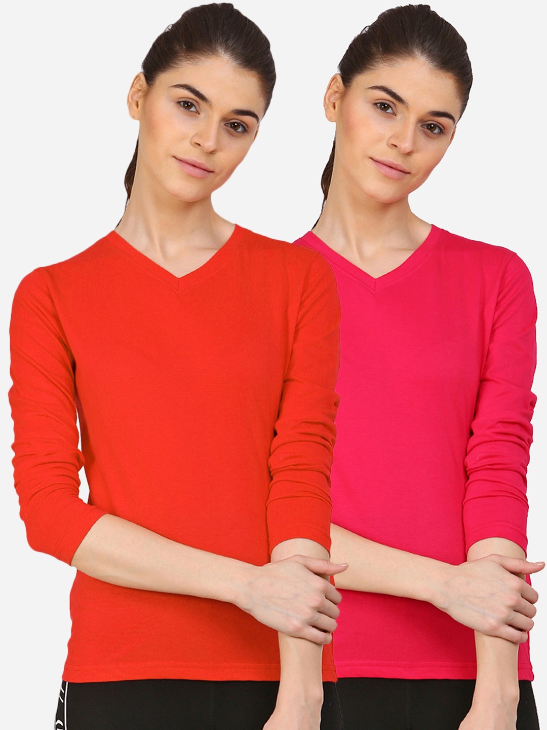 

appulse Women Red & Fuchsia Pack Of 2 V-Neck Slim Fit Running T-shirt