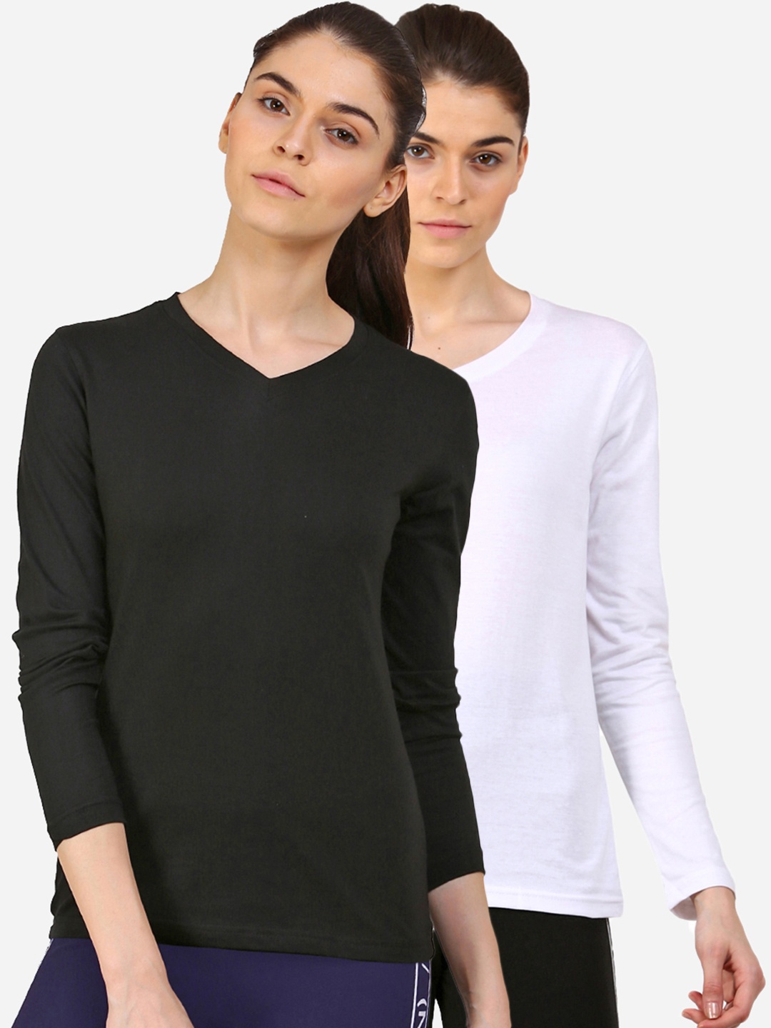 

appulse Women Black & White Pack Of 2 V-Neck Slim Fit Running T-shirt