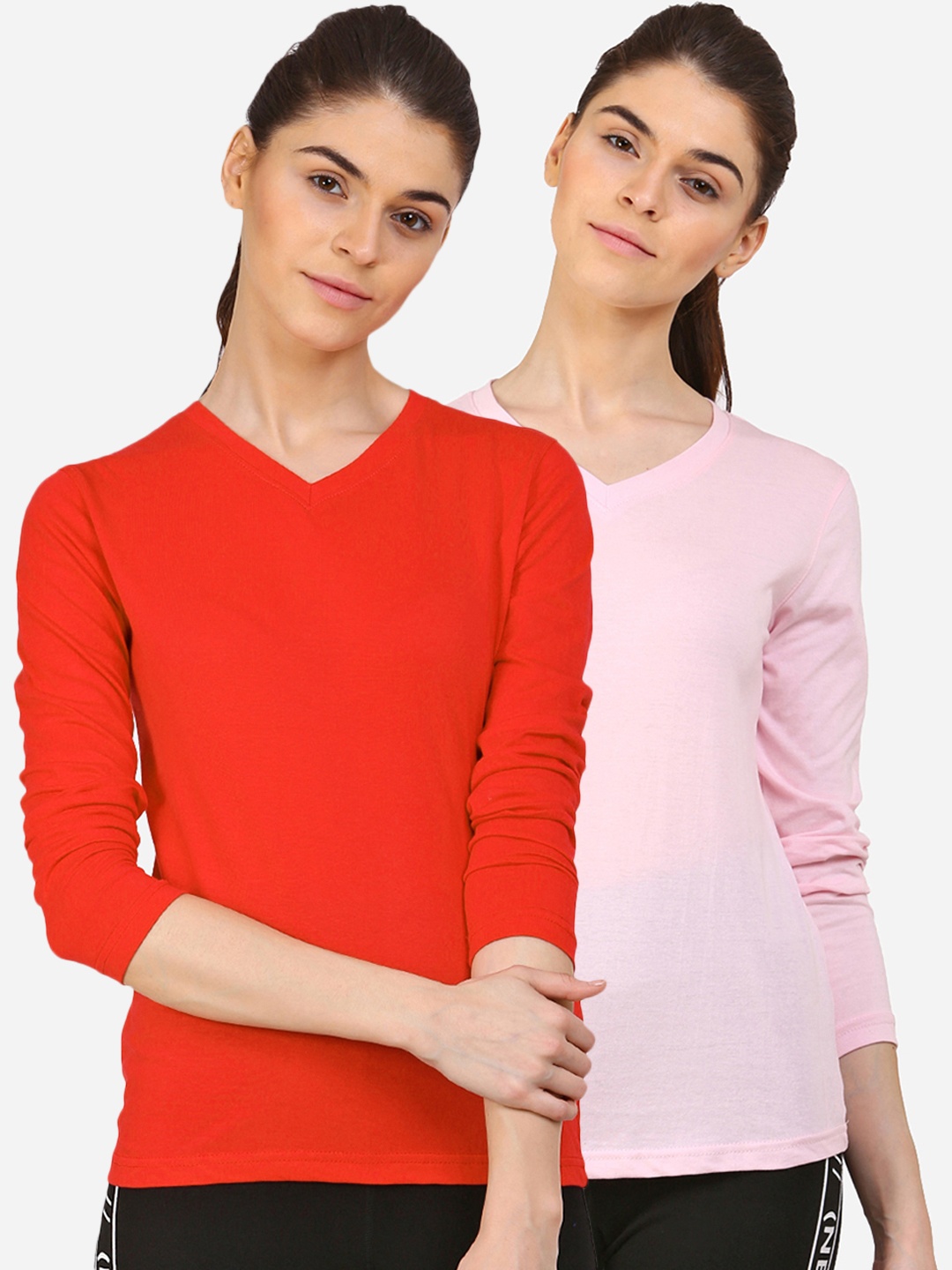 

appulse Women Pack of 2 V-Neck Slim Fit Cotton Running T-shirts, Red