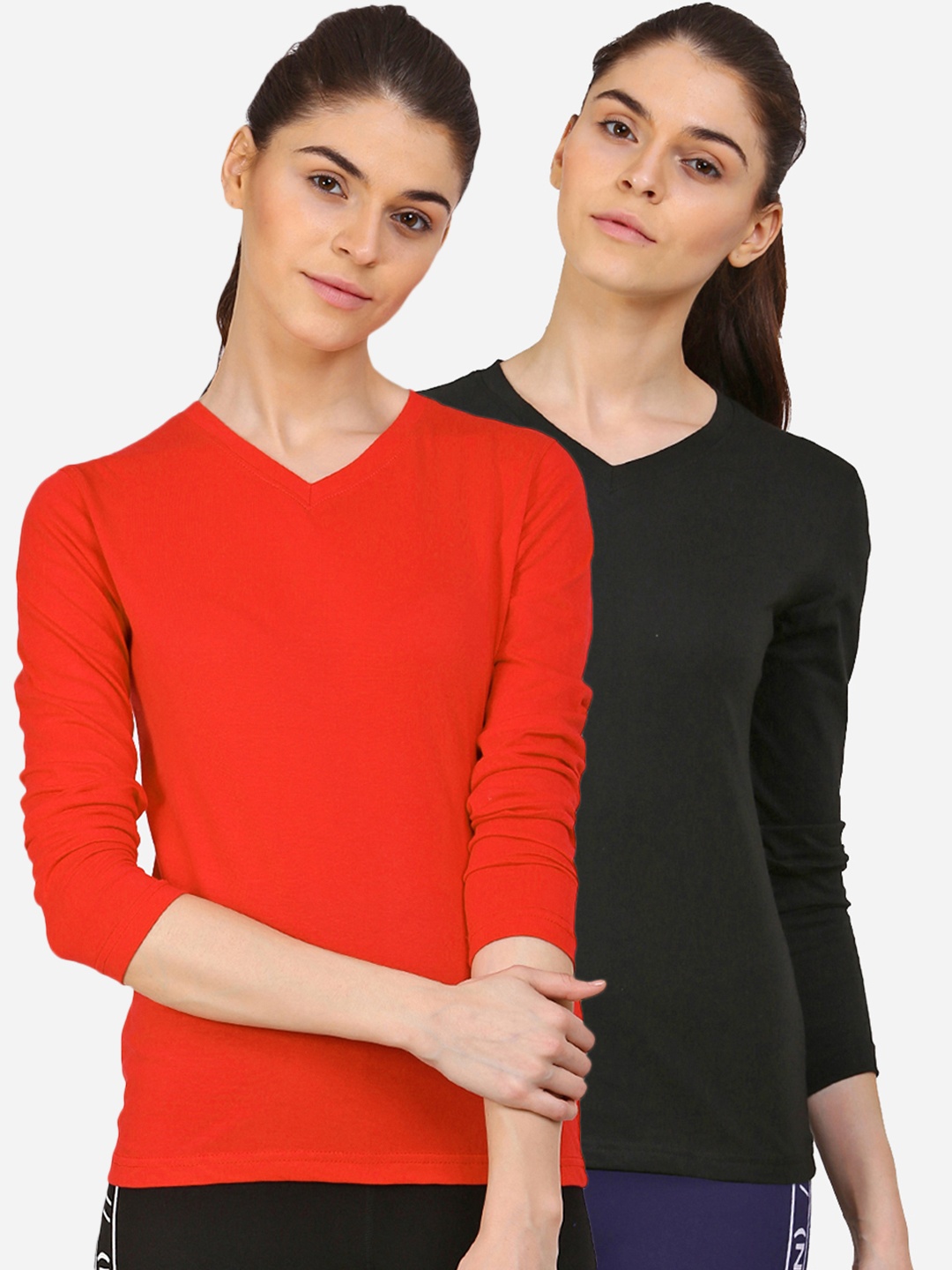 

appulse Women Set Of 2 Red & Black V-Neck Slim Fit Running Cotton T-shirt