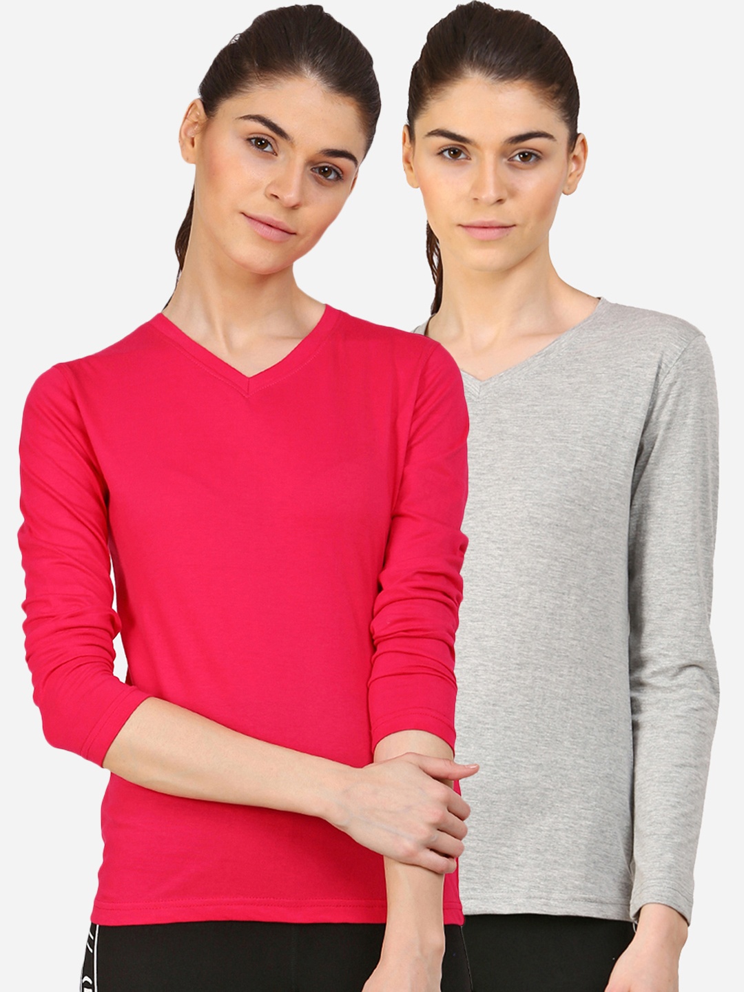 

appulse Women Pack of 2 Grey & Coral Red V-Neck Slim Fit Running Cotton T-shirts