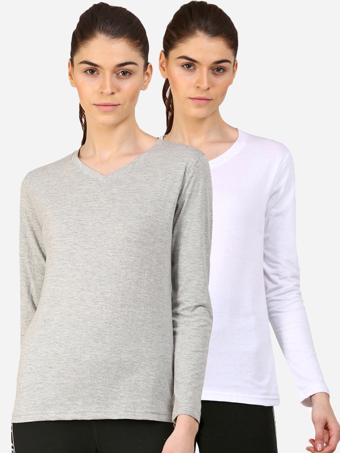 

appulse Women White & Grey Melange 2 V-Neck Slim Fit Running T-shirt