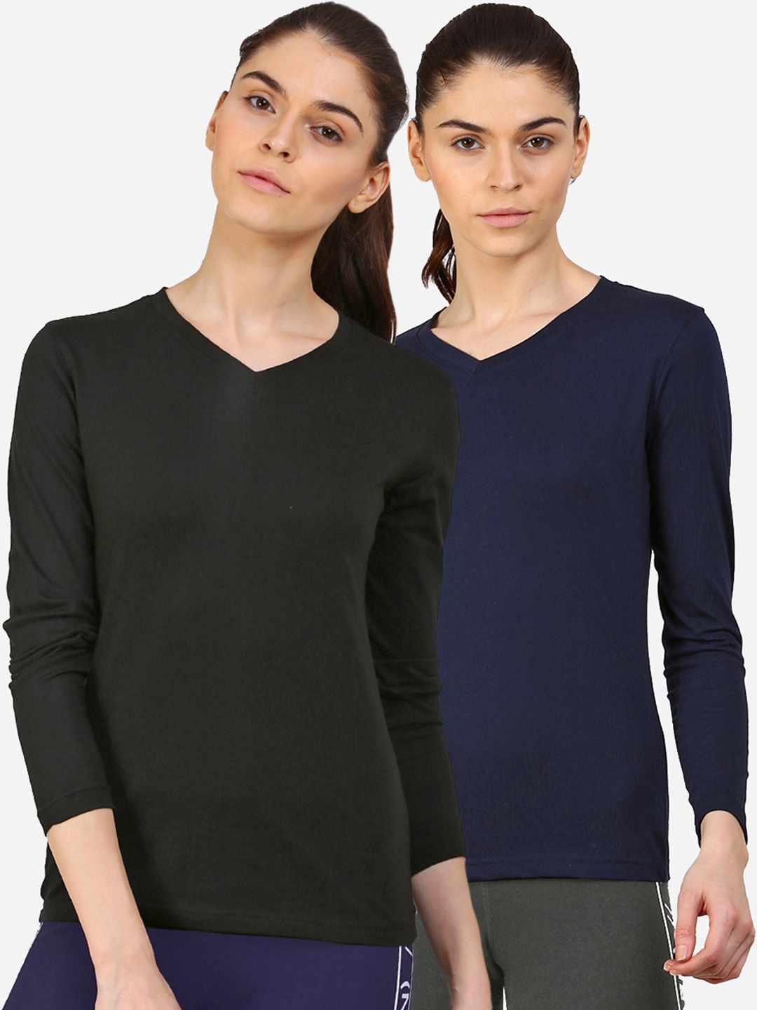 

appulse Women Pack Of 2 Navy Blue & Black V-Neck Slim Fit Running T-shirt