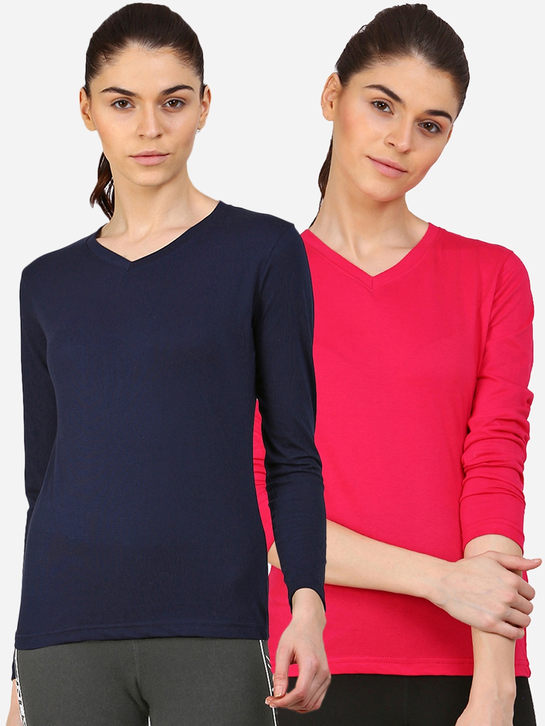 

appulse Women Pack Of 2 Navy Blue & Pink V-Neck Slim Fit Running T-shirt
