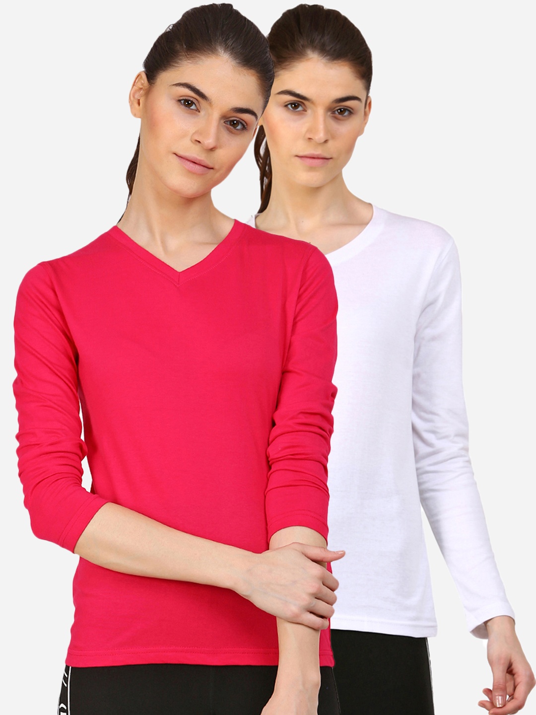 

appulse Women White & Fuchsia Set Of 2 V-Neck Slim Fit Running T-shirt