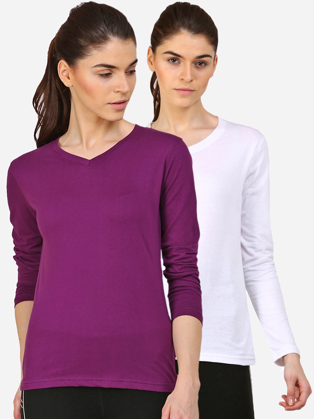 

appulse Women Purple & Lavender V-Neck Slim Fit Running T-shirt Pack Of 2