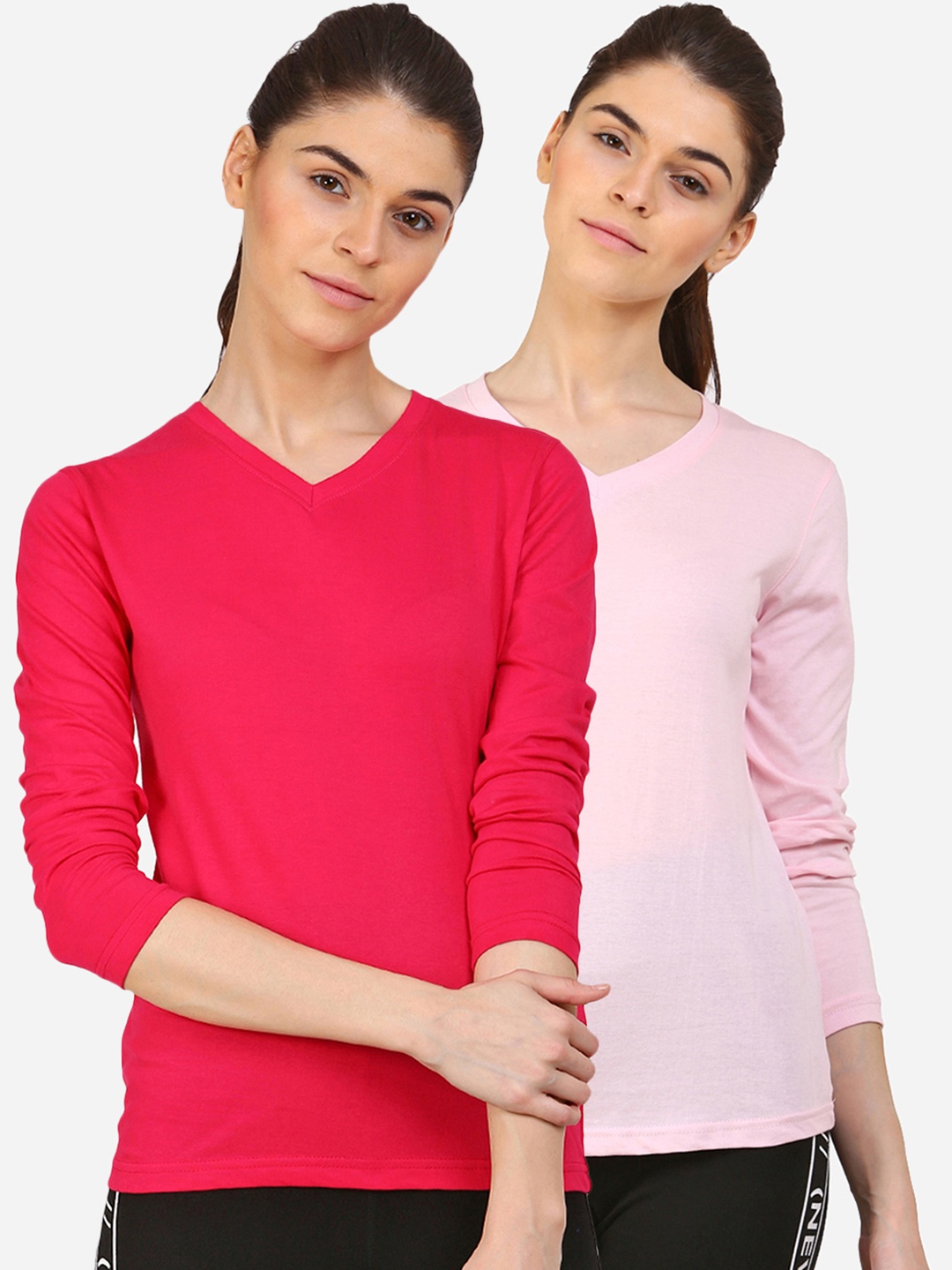 

appulse Women Pink Set Of 2 V-Neck Slim Fit T-shirt