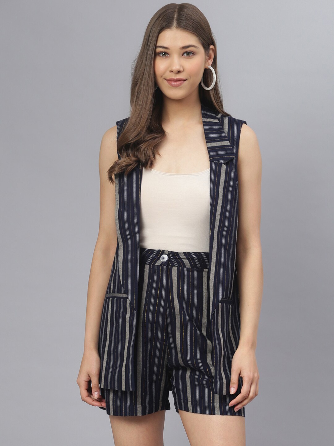 

DEEBACO Women Blue & Grey Striped Co-ord Set