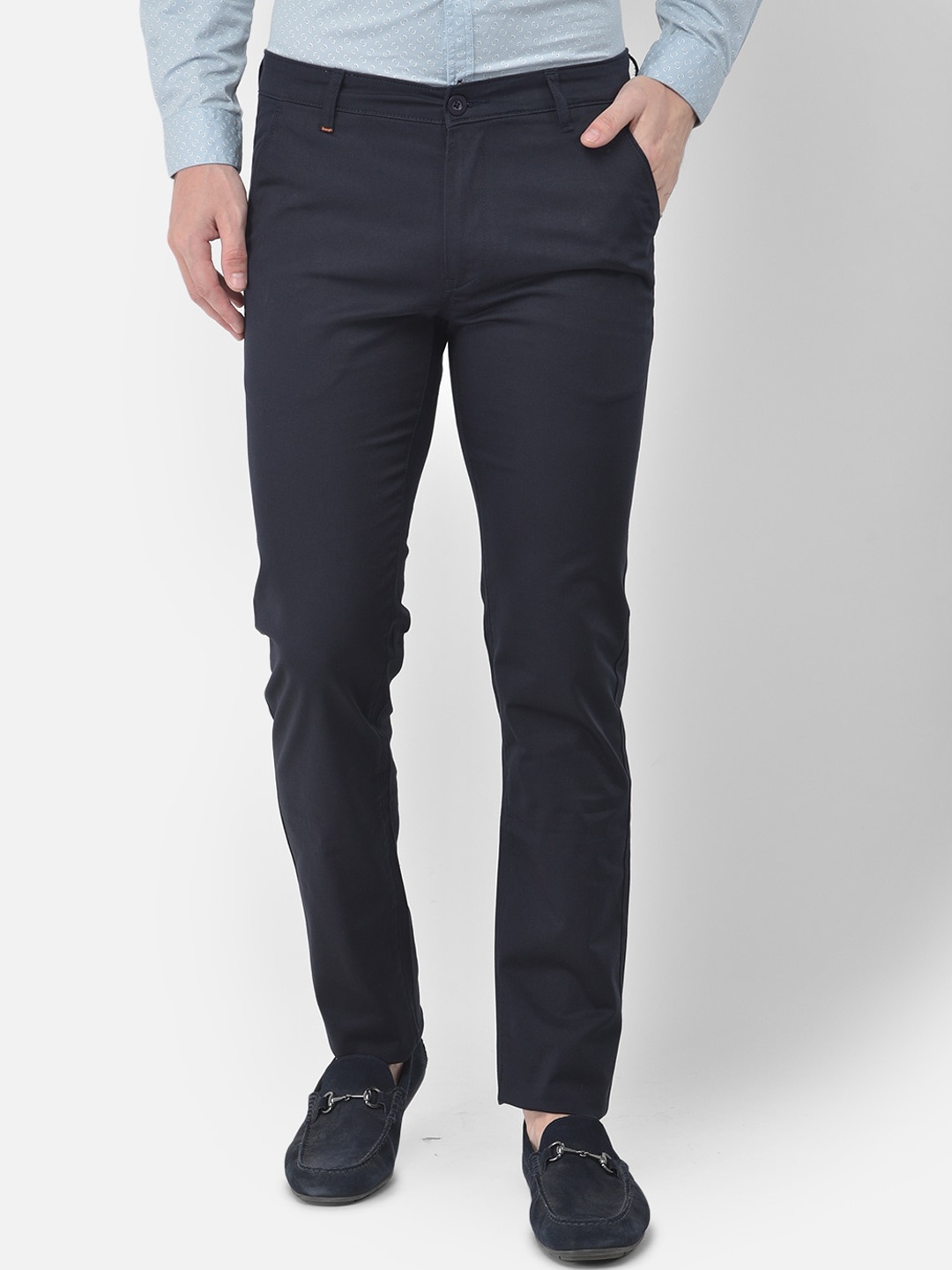 

Canary London Men Navy Blue Textured Smart Slim Fit Wrinkle Free Trousers