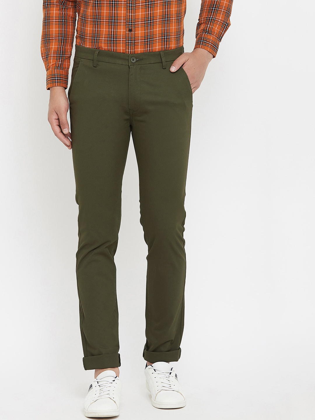 

Canary London Men Olive Green Smart Slim Fit Wrinkle Free Trousers